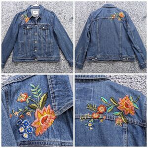 Old Navy Floral Embroidered Denim Jacket Size XL Button Up Trucker Jean Bohemian